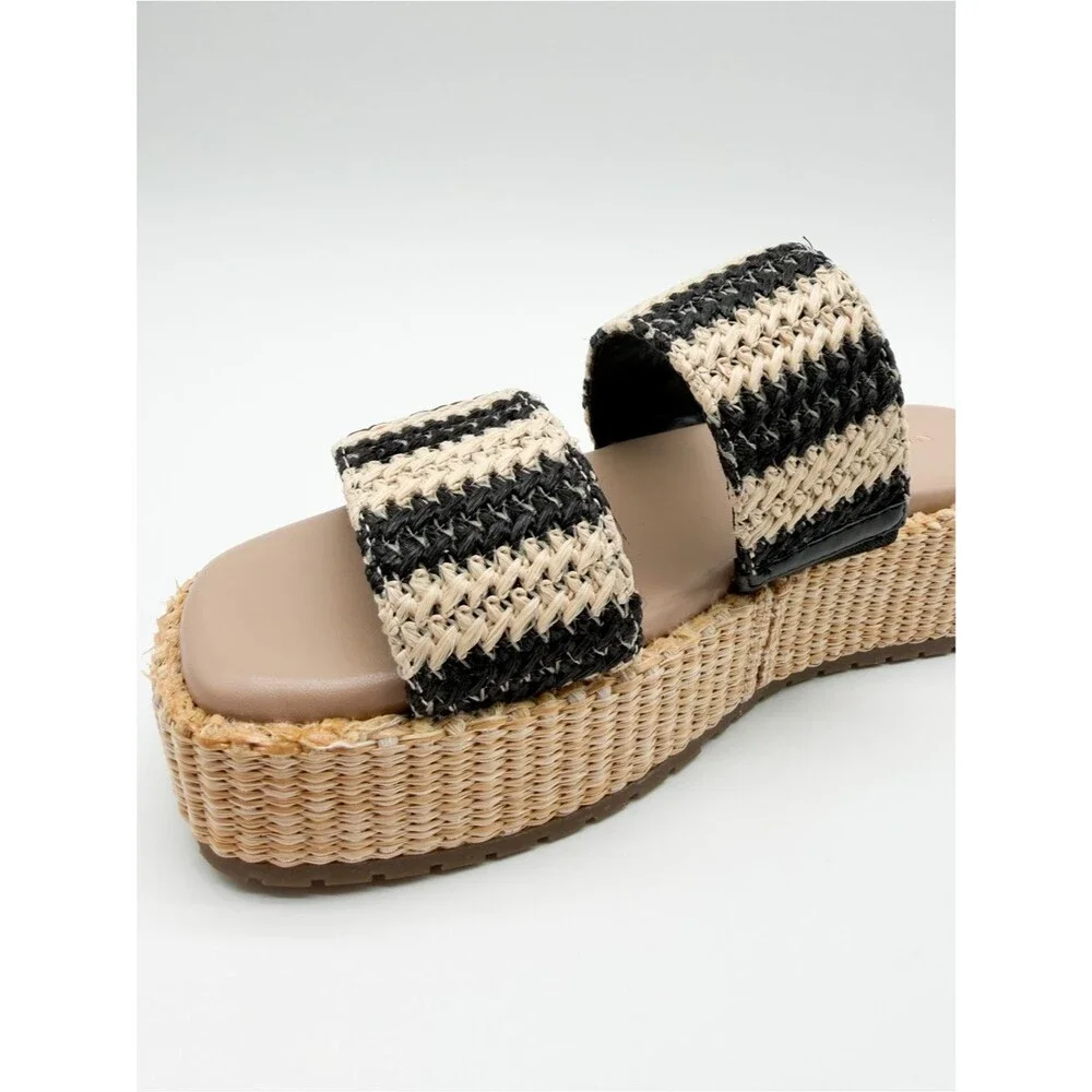 Marc Fisher Pelma Double Band Flatform Sandals Raffia Stripe Black 6.5 NEW